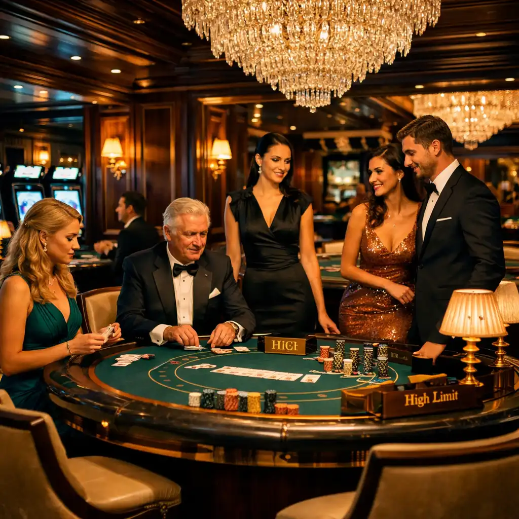 Eleganckie kasyno na statku Celebrity Edge z ciemnym drewnem i kryształowymi żyrandolami