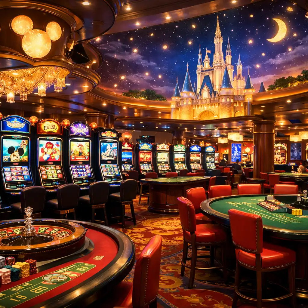 Kasyno na Disney Dream, magiczna atmosfera, kolorowe automaty, stoły do gier, przyjazne oświetlenie
