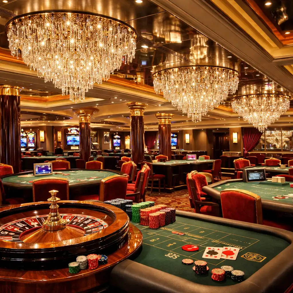 Kasyno na MSC Meraviglia, elegancki wystrój z kryształowymi żyrandolami, stoły do ruletki i blackjacka, ciepłe oświetlenie, złote i bordowe akcenty