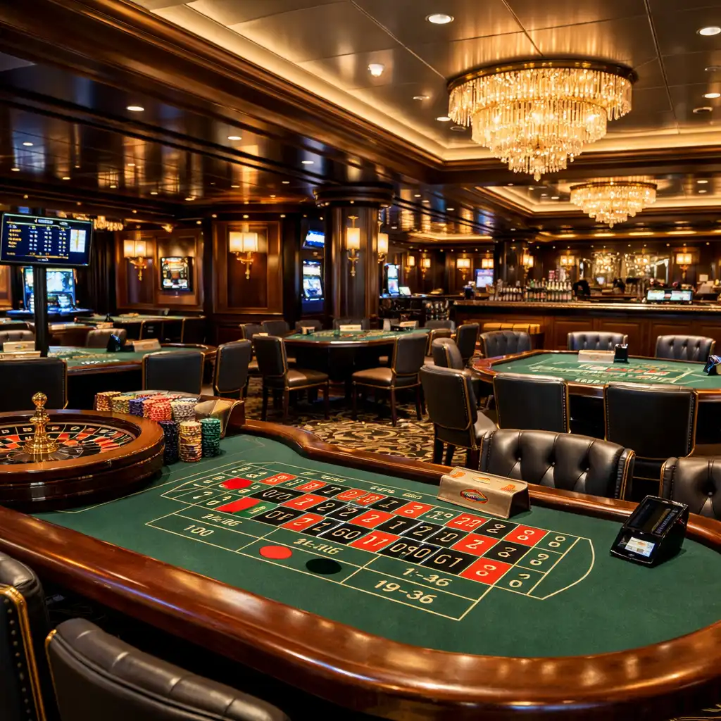 Klasyczne kasyno na Nieuw Statendam, stoły do ruletki i blackjacka, ciemne drewno, złote akcenty, elegancka atmosfera