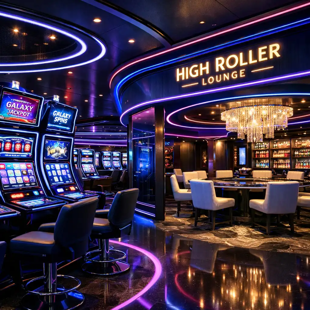 Nowoczesne kasyno na Norwegian Bliss, futurystyczne automaty, strefa high roller, ciemne tło z neonowymi akcentami