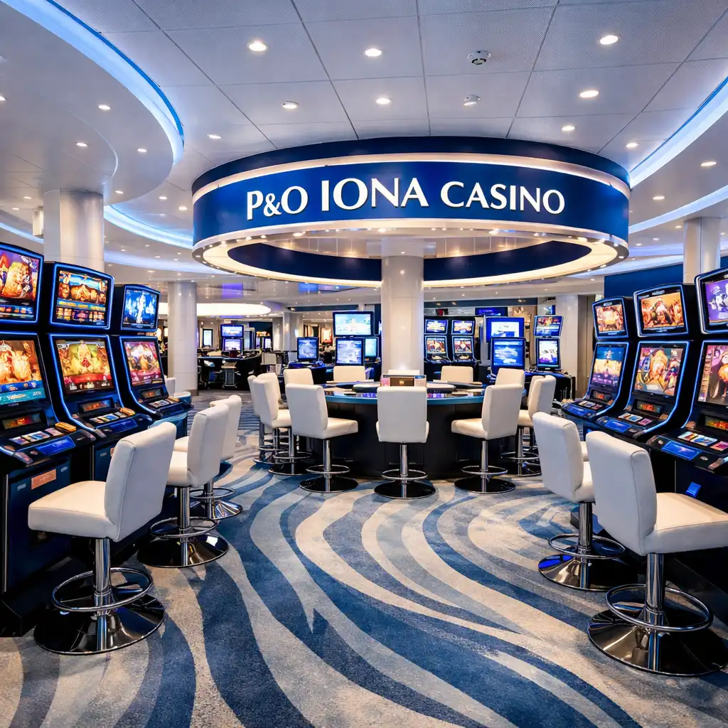 Przestronne kasyno na P&O Iona, nowoczesne automaty, jasne oświetlenie, niebieskie i białe akcenty