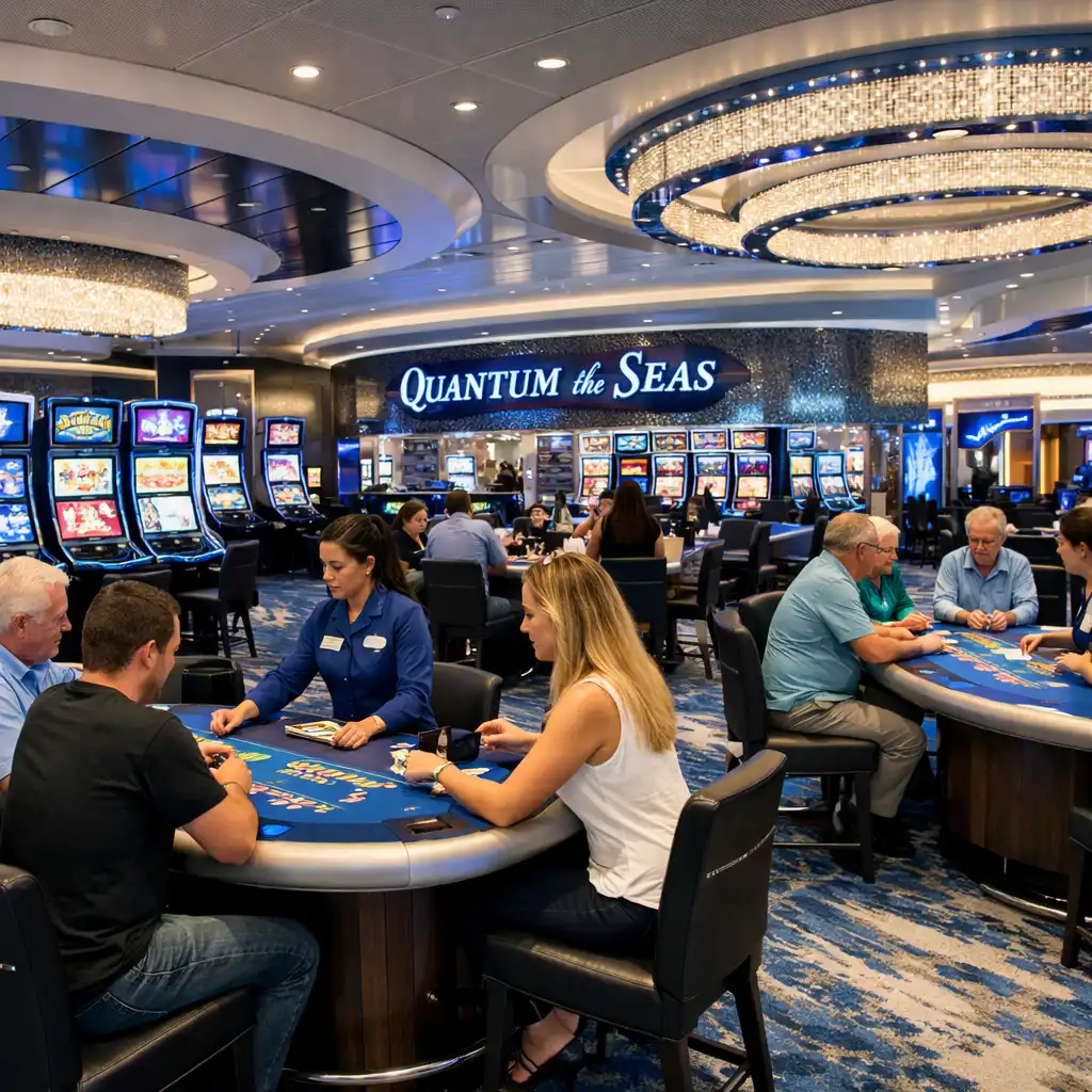 Wnętrze kasyna na statku Quantum of the Seas, nowoczesne automaty i stoły do blackjacka, jasne oświetlenie, niebieskie i srebrne akcenty