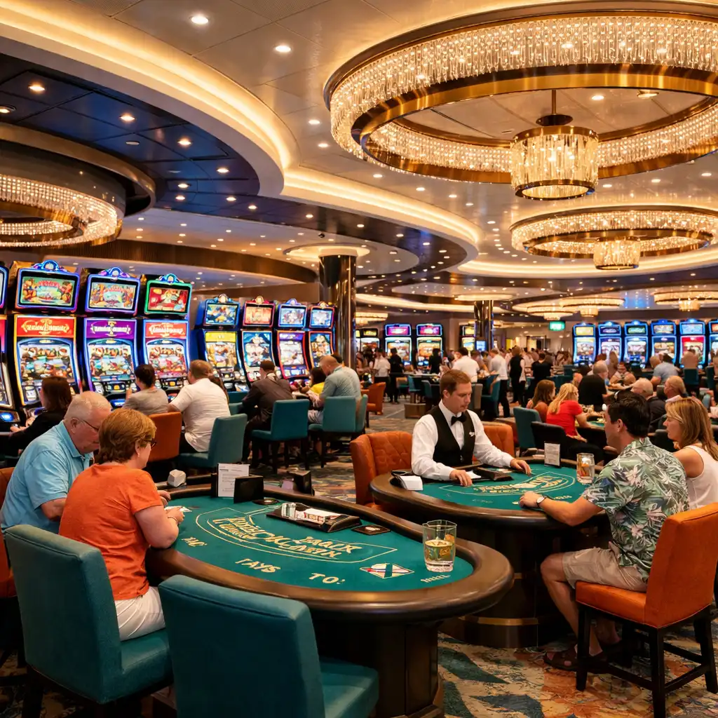 Kasyno na statku Oasis of the Seas – rzędy automatów i stoły do blackjacka