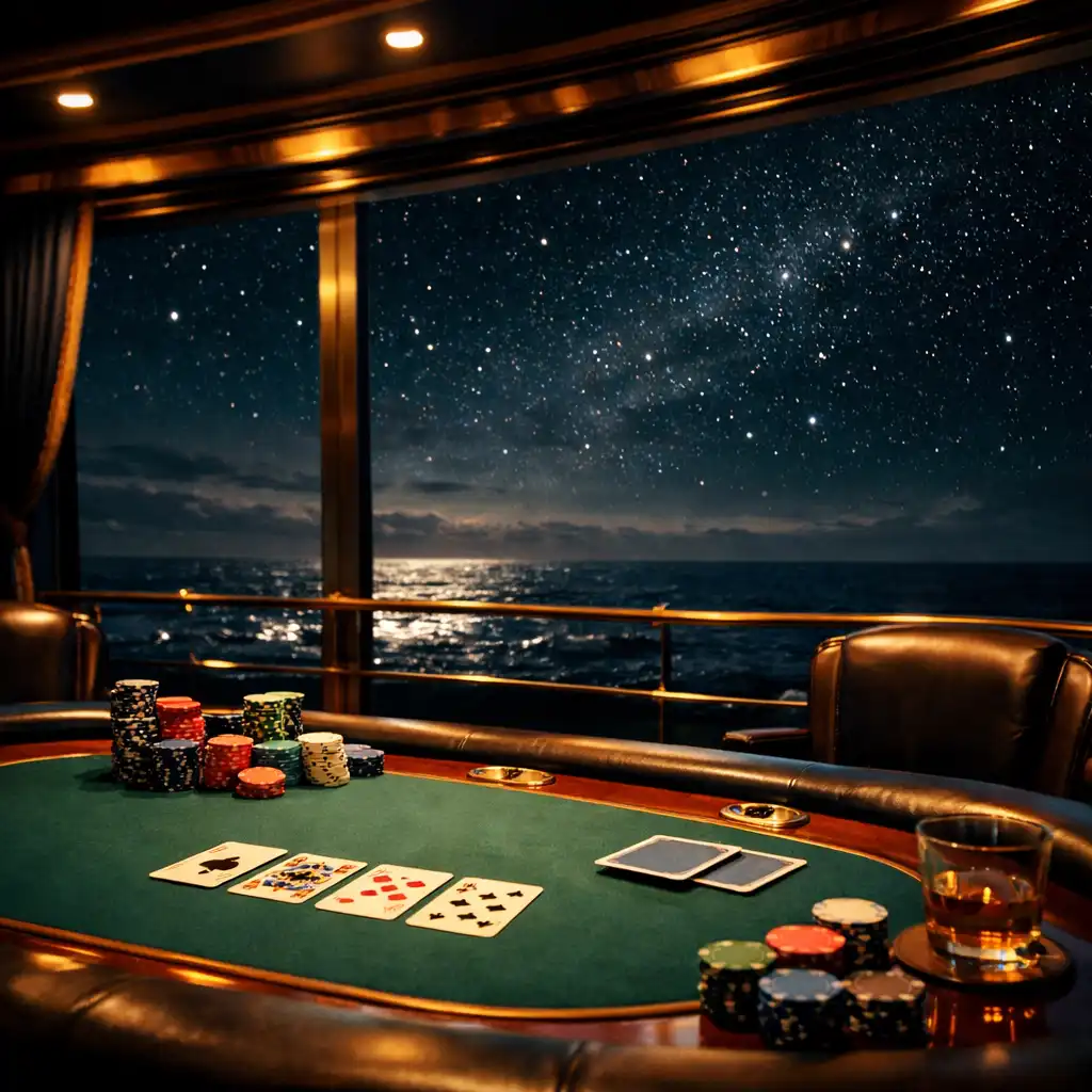 Elegancki stół pokerowy na statku wycieczkowym z widokiem na nocny ocean
