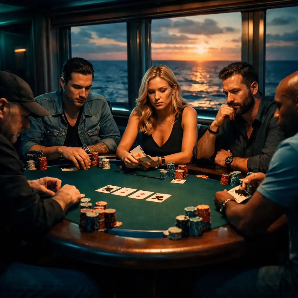 Turniej pokerowy na morzu – gracze przy zielonym stole z żetonami