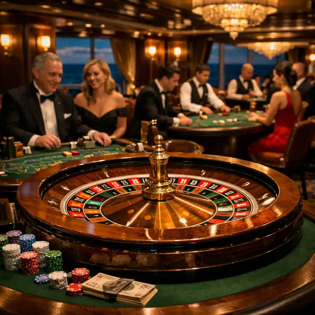 Eleganckie kasyno na statku wycieczkowym ze stołami do ruletki i blackjacka