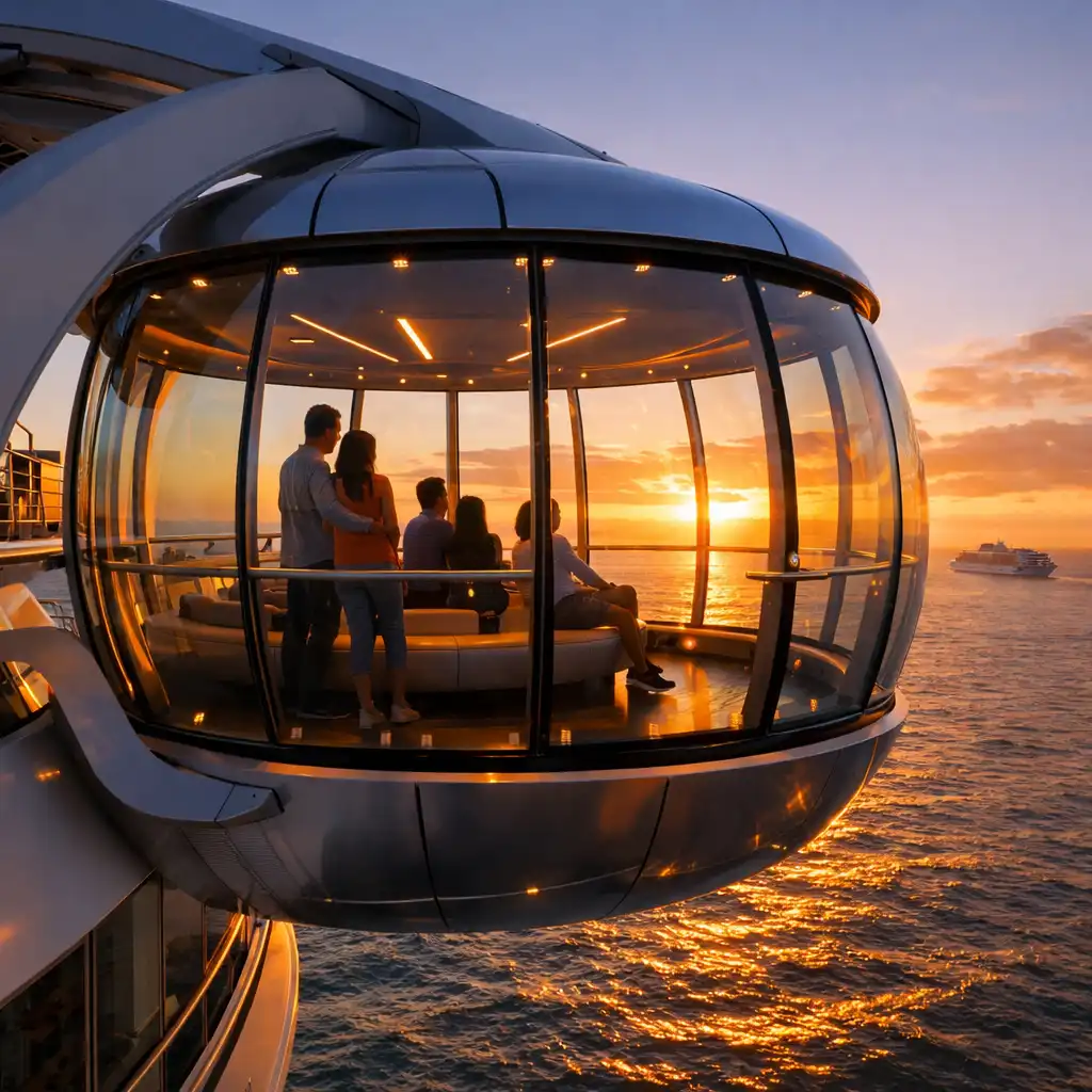 Futurystyczna kapsuła obserwacyjna na statku Icon of the Seas z panoramicznym widokiem na ocean