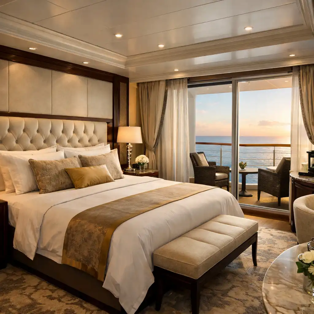 Luksusowy apartament na statku Queen Mary 2 z łóżkiem king-size i balkonem z widokiem na ocean
