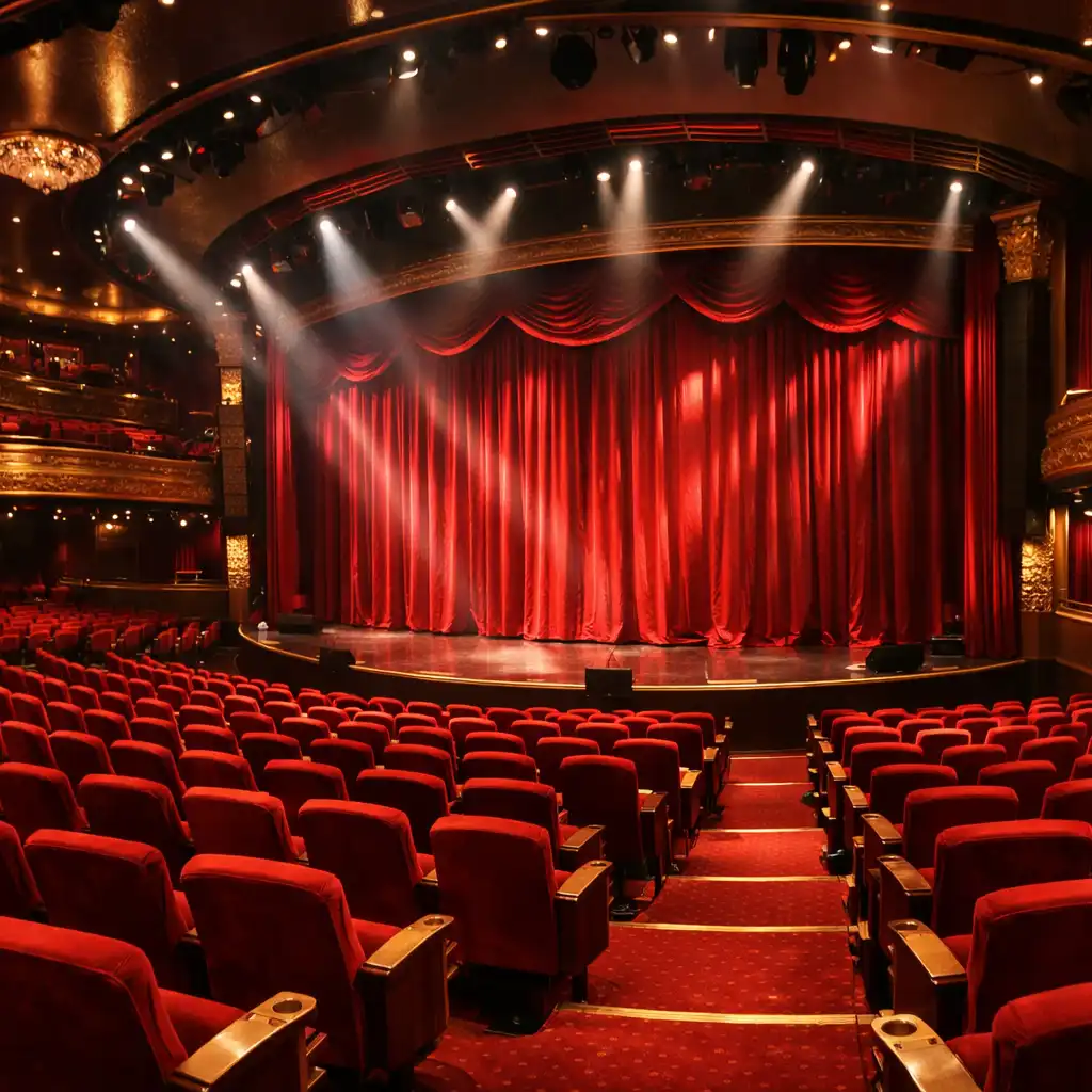 Teatr na statku wycieczkowym z czerwonymi fotelami i sceną