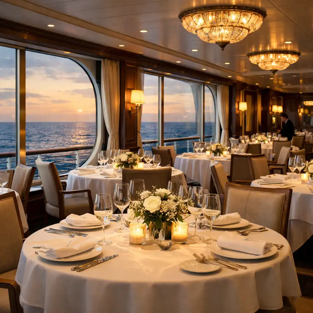 Eleganckie wnętrze restauracji na statku Celebrity Edge z widokiem na ocean