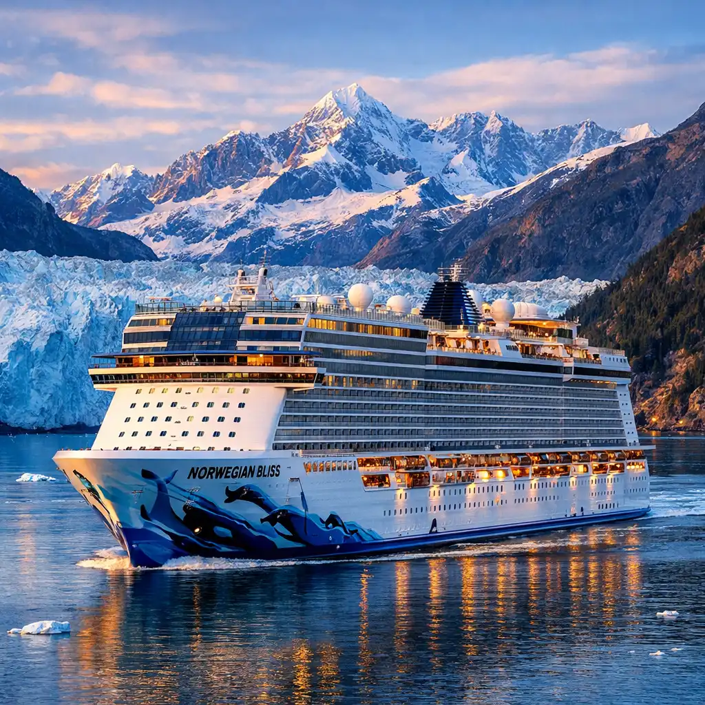 Norwegian Bliss płynący wśród gór i lodowców