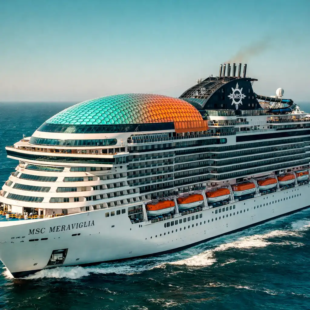 MSC Meraviglia na morzu z charakterystyczną kopułą LED